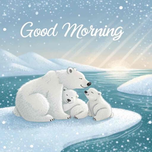 A warm good morning winter image featuring a loving polar bear family.