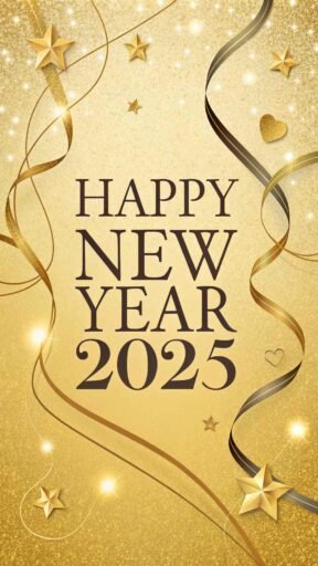 Picture of happy new year 2025 with golden ribbons and bold, elegant text.