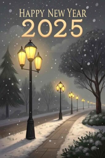 A peaceful "happy new years eve 2025 image" showing a glowing street and large "HAPPY NEW YEAR 2025" text.