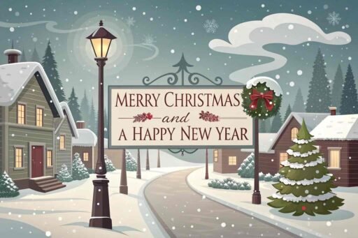 A peaceful merry christmas and a happy new year image of a snowy village with the "Merry Christmas and A Happy New Year" message prominently displayed.