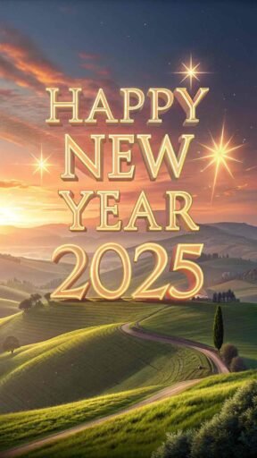 A "happy new year 2025 pic" showcasing a golden hour scene with prominent shining text.