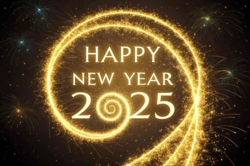 A spiral-themed happy new year 2025 free image with glowing, bold text.