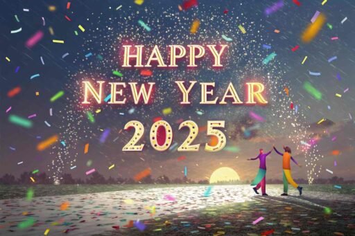 A "happy new year 2025 pic" featuring colorful confetti rain and prominent glowing text.