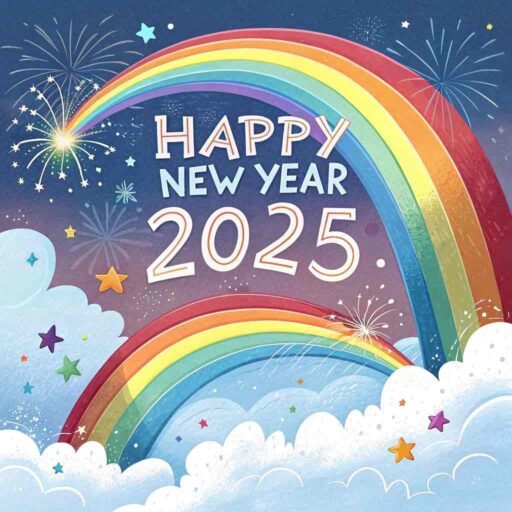 Download this vibrant "happy new year 2025 image for download," featuring bold text and a radiant rainbow design.