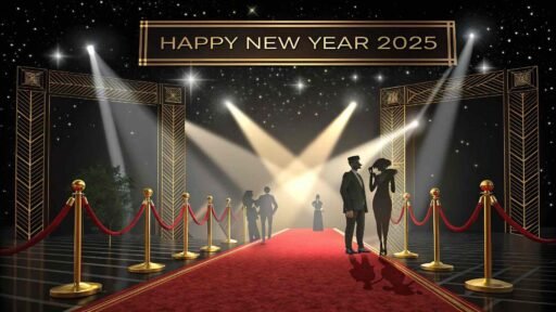 A glamorous "happy new years eve 2025 image" with a bold "HAPPY NEW YEAR 2025" text in a luxurious red and gold setting.