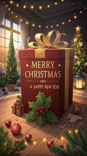 A festive "merry christmas and a happy new year pic" with bold golden text on a Christmas gift box.