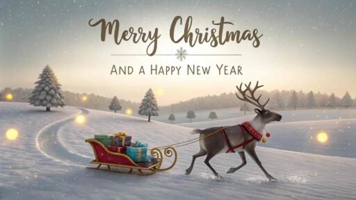 A festive pic of merry christmas and a happy new year with bold text and a whimsical reindeer sleigh in a snowy landscape.