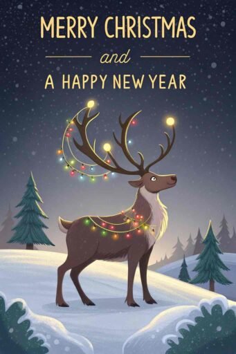 A playful "merry christmas and a happy new year pic" with glowing yellow text and a festive reindeer.