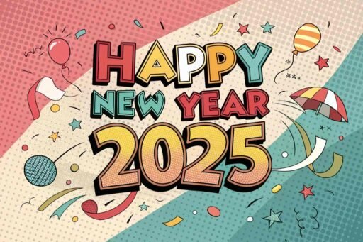 A pop art-themed happy new year 2025 free image with vibrant, bold text.