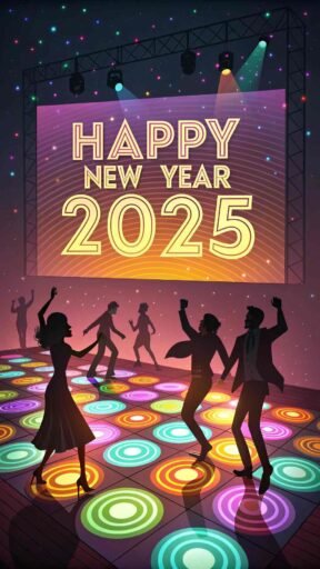 A funky "happy new years eve 2025 image" capturing a disco vibe with bold "HAPPY NEW YEAR 2025" text glowing prominently.