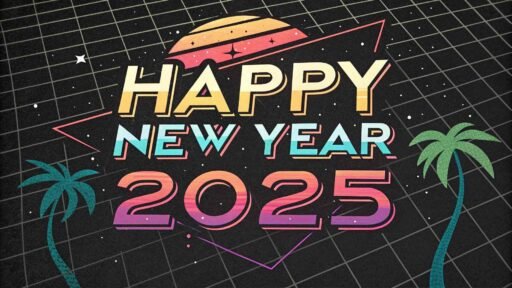 Celebrate retro vibes with this "happy new year 2025 image for download," featuring bold neon text and a colorful design.