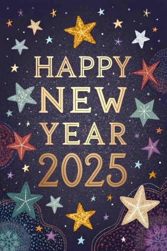 A starry glitter-themed happy new year 2025 free image with bold metallic text.