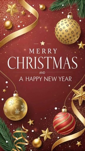 A picture of merry christmas and happy new year in a red and gold theme. "Merry Christmas and A Happy New Year" is written in big letters.