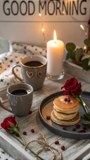 A cozy good morning image for love, depicting a candlelit breakfast table with coffee, pancakes, and a red rose, creating a romantic morning atmosphere.
