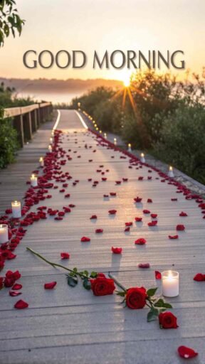 A romantic good morning image for love, showing a path of red roses lit with glowing candles, leading into the sunrise.