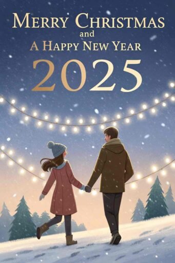 A romantic "merry christmas and happy new year 2025 image" with a snowy night and glowing text.