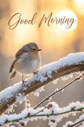 A cute good morning winter image featuring a tiny bird enjoying the winter morning.