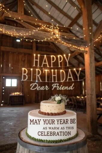 Add a cozy touch to the birthday with images of happy birthday dear friend, set in a charming rustic barn filled with love and warmth.