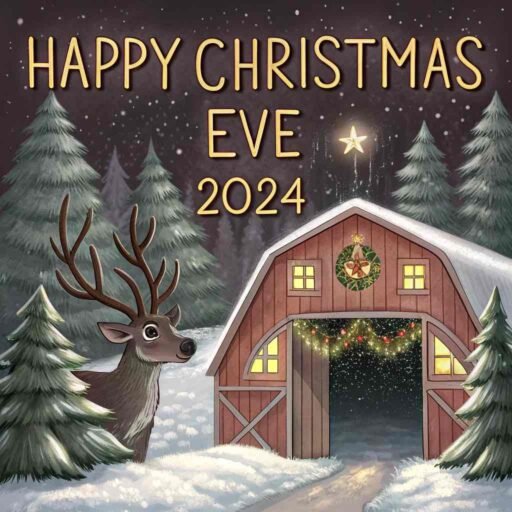 Reindeer barn with glowing golden "Happy Christmas Eve 2024" text above.