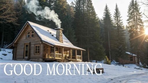 A delightful good morning winter image of a cozy cabin in a frosty forest.