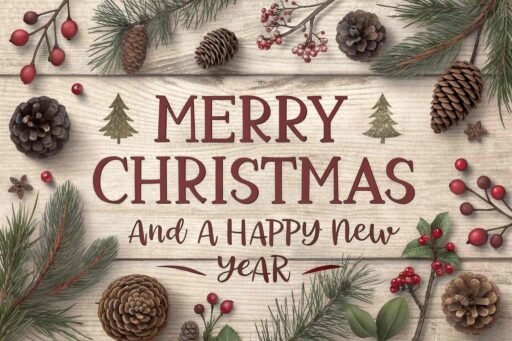 A picture of merry christmas and happy new year with pinecones. "Merry Christmas and A Happy New Year" is clearly written in large text.