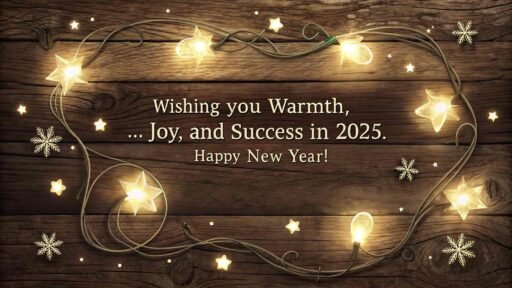 A happy new year 2025 wish image with quote on a wooden backdrop, highlighting warmth and happiness