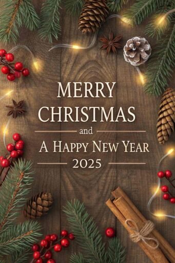 A rustic "merry christmas and happy new year 2025 image" with wooden textures and festive decorations.