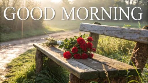 A tender good morning image for love, showing a bouquet of red roses placed on a wooden bench in a garden during sunrise.