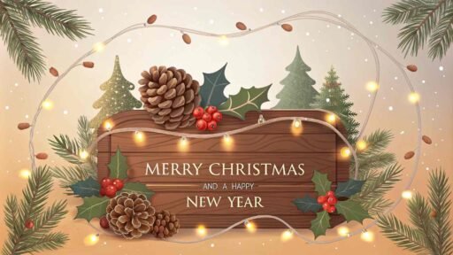 A picture of merry christmas and happy new year on a rustic wooden background. "Merry Christmas and A Happy New Year" is written clearly.