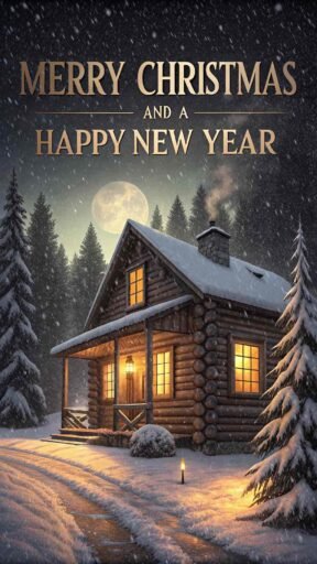 A cozy merry christmas and a happy new year image featuring a snow-covered cabin with a "Merry Christmas and A Happy New Year" sign glowing in the sky.