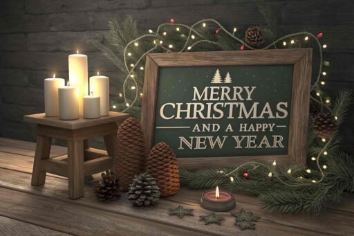 A charming "merry christmas and a happy new year pic" featuring bold green text in a rustic Christmas setting.