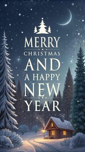 A serene "merry christmas and a happy new year pic" with glowing white text on a snowy winter scene featuring pine trees and falling snow.