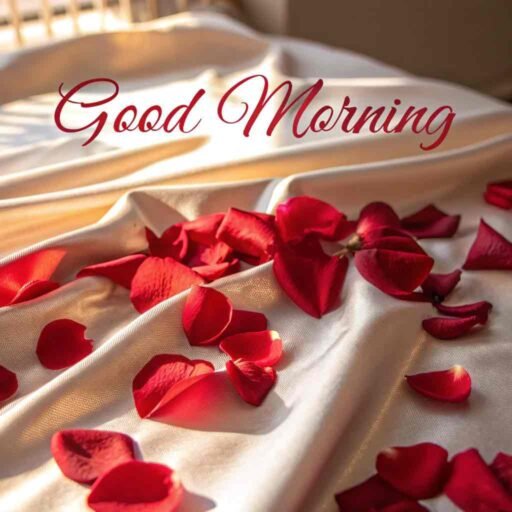 A sensual good morning image for love, featuring silky red rose petals arranged on a soft satin surface with golden morning light.