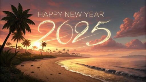 A "happy new year 2025 pic" showcasing a beach sunset with the new year text shining prominently.