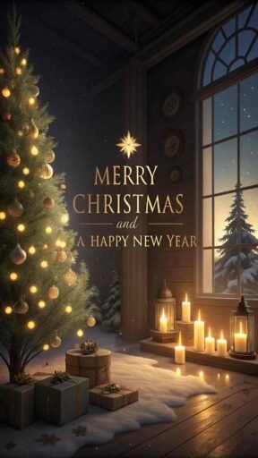 A peaceful image of Merry Christmas and a Happy New Year with glowing candles, a Christmas tree, and serene holiday vibes.