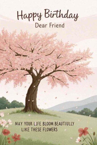 Celebrate nature's beauty with images of happy birthday dear friend, featuring the delicate beauty of cherry blossoms and heartfelt birthday wishes.