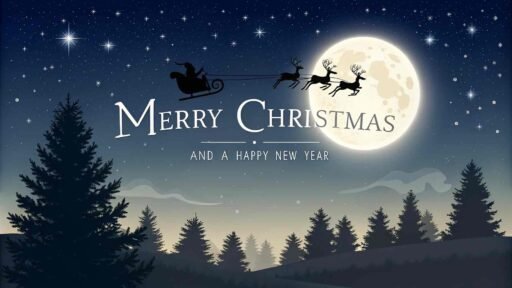 A peaceful "merry christmas and a happy new year pic" with glowing white text and Santa’s sleigh in the night sky.