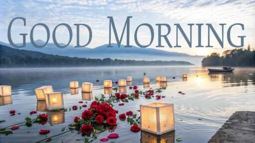 A magical good morning image for love, with floating lanterns and red roses on a calm lake under the morning sky.