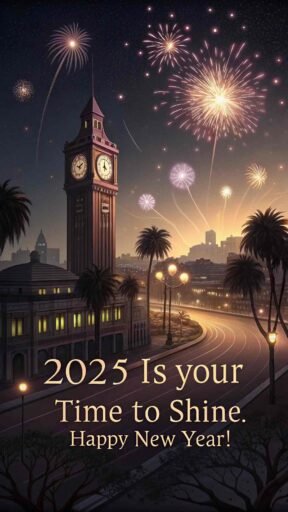 A happy new year 2025 wish image with quote featuring city lights, a clock at midnight, and a motivational New Year message.