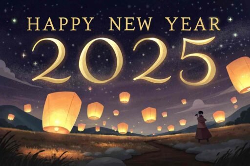 A "happy new year 2025 pic" featuring floating lanterns and big glowing text.