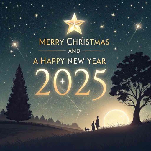 A peaceful "merry christmas and happy new year 2025 image" with a starry sky and glowing festive text.