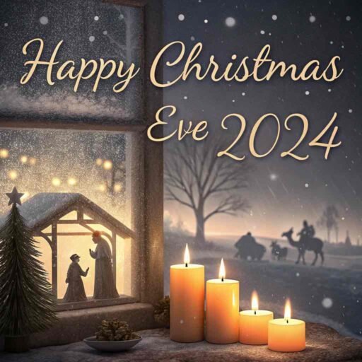 A glowing "Happy Christmas Eve 2024" above a peaceful nativity with candles.