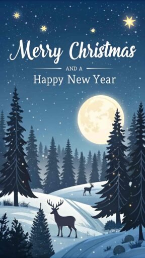 A magical image of Merry Christmas and a Happy New Year featuring reindeer in a snow-covered forest under a glowing full moon.