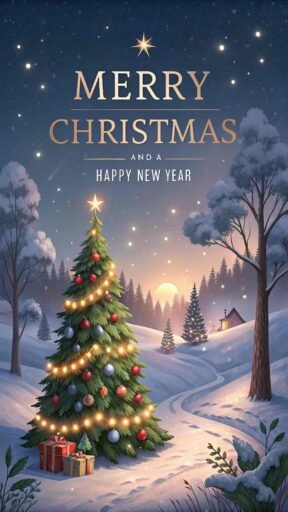 A picture of merry christmas and happy new year with snowy scenes and glowing lights. "Merry Christmas and A Happy New Year" is prominently displayed.