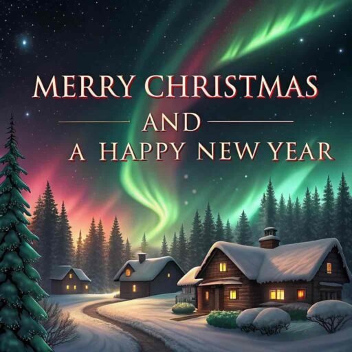 A stunning image of Merry Christmas and a Happy New Year featuring northern lights illuminating a snowy village on Christmas Eve.