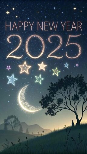 A peaceful "happy new years eve 2025 image" featuring a starlit night and bold "HAPPY NEW YEAR 2025" text lighting up the sky.