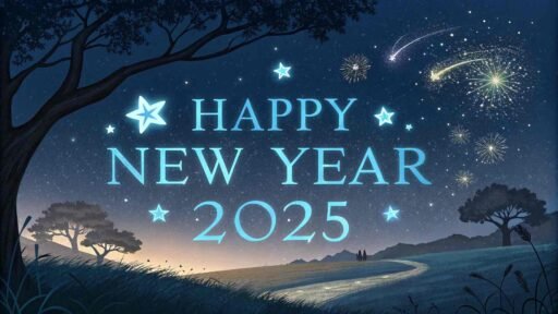 A starry night-themed happy new year 2025 free image with bold glowing text.
