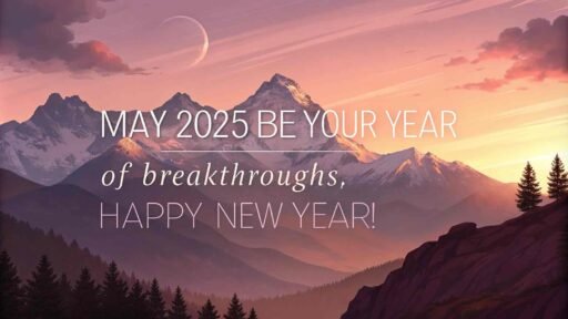 A happy new year 2025 wish image with quote showcasing a beautiful mountain sunrise and an inspiring message.