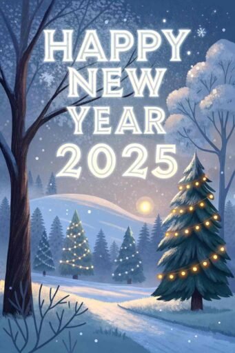 A winter forest-themed happy new year 2025 free image with bold glowing text.