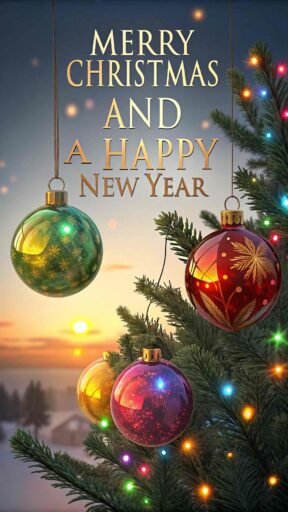 A glowing "merry christmas and a happy new year pic" with bold golden text and beautiful ornaments.